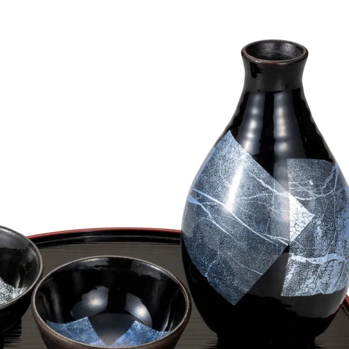 KUTANI WARE SAKE SET – GINSAI SILVER GLAZE (WITH TRAY, GIFT BOX INCLUDED)