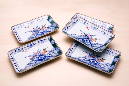 (IMPERIAL HOUSEHOLD KILN) KUTANI WARE LONG RECTANGULAR PLATE SET “IROE MARUMON SHONZUI” / CHOZA YAMAMOTO