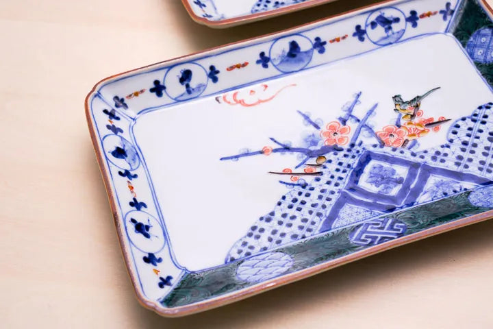 (IMPERIAL HOUSEHOLD KILN) KUTANI WARE LONG RECTANGULAR PLATE SET “IROE MARUMON SHONZUI” / CHOZA YAMAMOTO