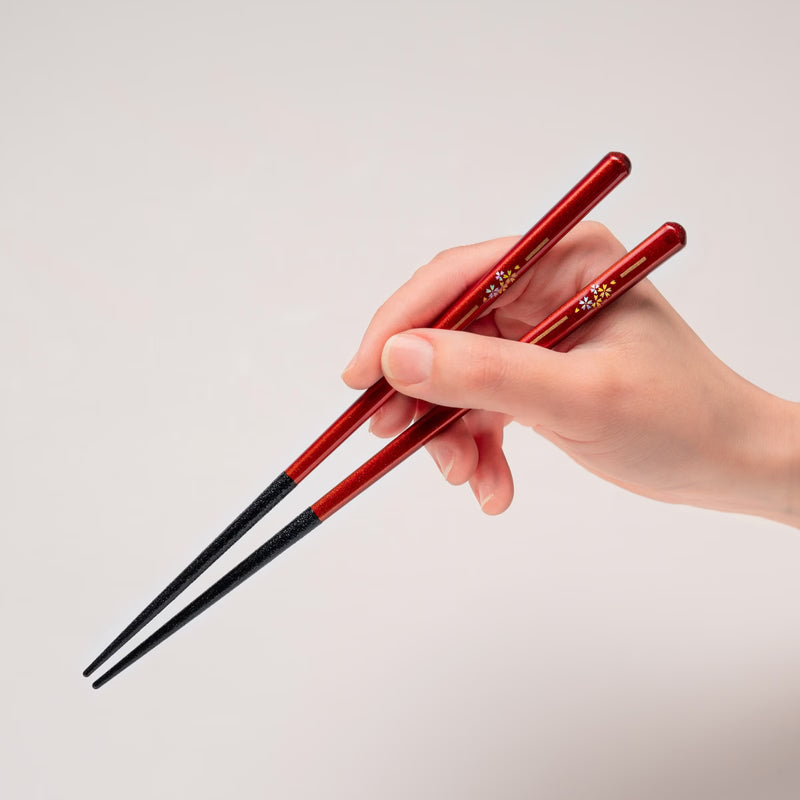 WAKASA-NURI CHOPSTICKS PAIR “SAKURA BLOOM” WITH RAKUGAN-STYLE CHOPSTICK RESTS