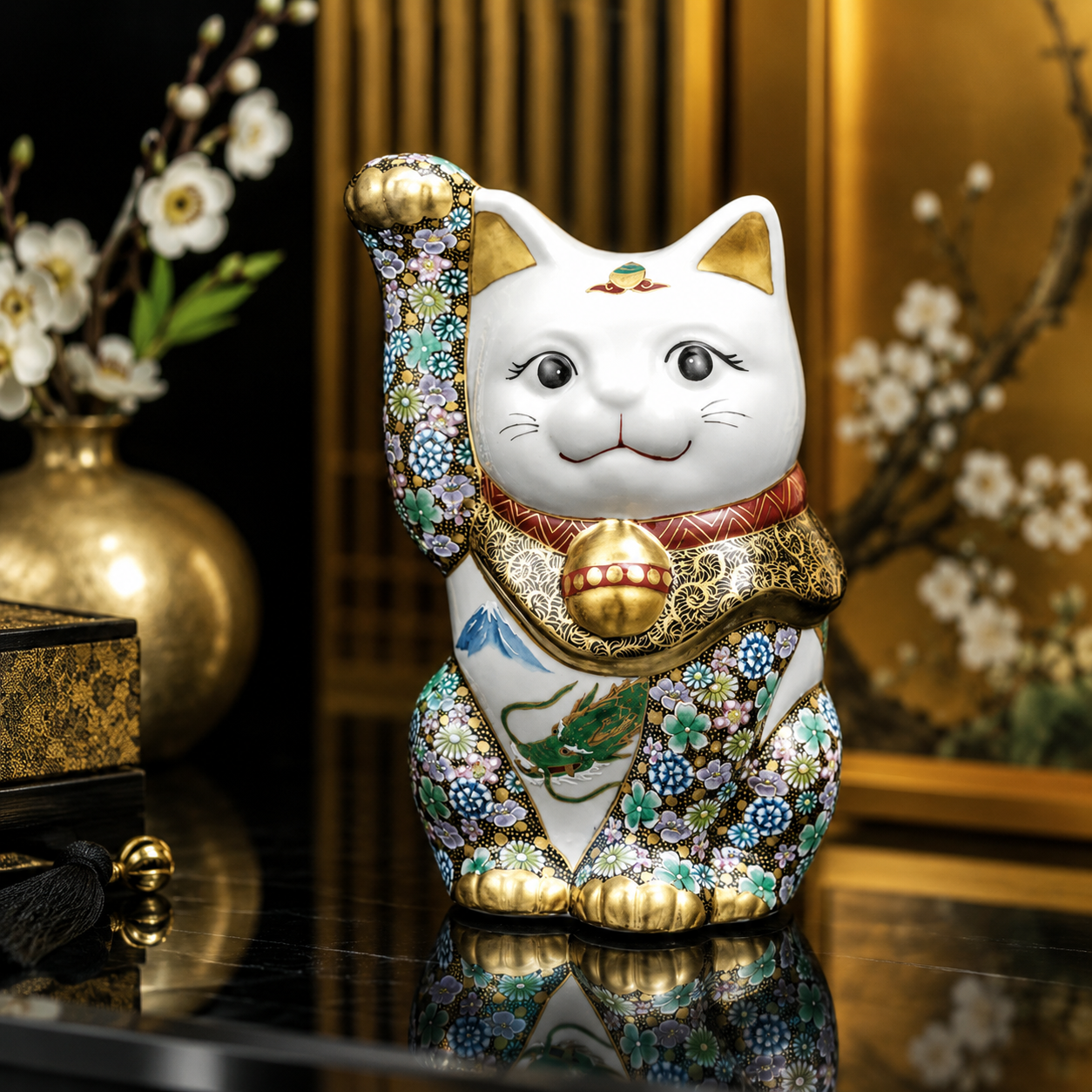 KUTANI WARE LUCKY CAT ‘HANA RYU’ – HAND-PAINTED MANEKI NEKO / TAKA TOSHIFUMI