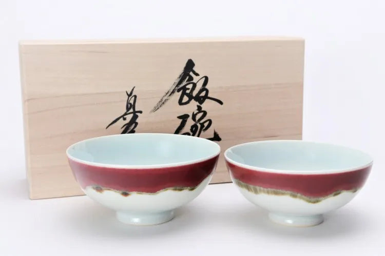 ARITA WARE RICE BOWL SET “SILK ROAD” BY SHINEMON KILN – WOODEN BOX