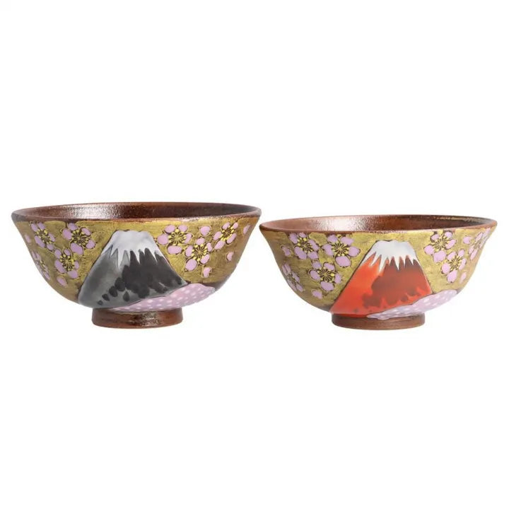 KUTANI WARE PAIR OF MUGS – HANDCRAFTED JAPANESE PORCELAIN ‘SPRING FUJI & AUTUMN FUJI’ BY YOSHINORI FUKUDA