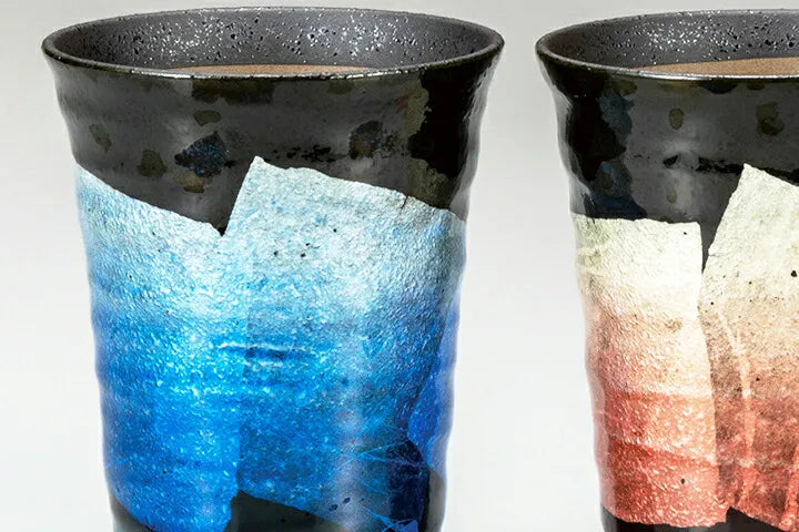 KUTANI WARE PAIR OF FREE CUPS – JAPANESE PORCELAIN GINSAI SILVER GLAZE