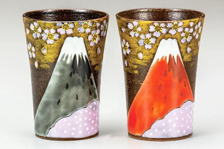 KUTANI WARE PAIR OF FREE CUPS  GOLDEN CLOUD AND SAKURA FUJI/YOSHINORI FUKUDA