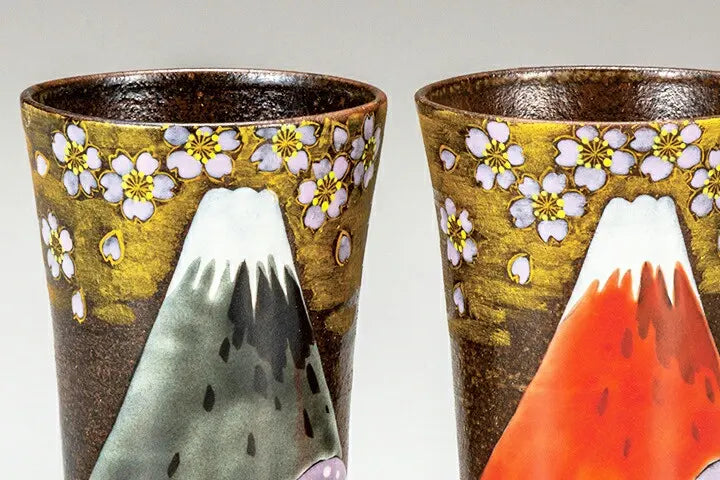 KUTANI WARE PAIR OF FREE CUPS  GOLDEN CLOUD AND SAKURA FUJI/YOSHINORI FUKUDA