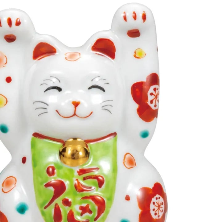 KUTANI WARE TWO-HANDED BECKONING CAT (MANEKI NEKO) WITH FLORAL DESIGN – JAPANESE LUCKY CAT