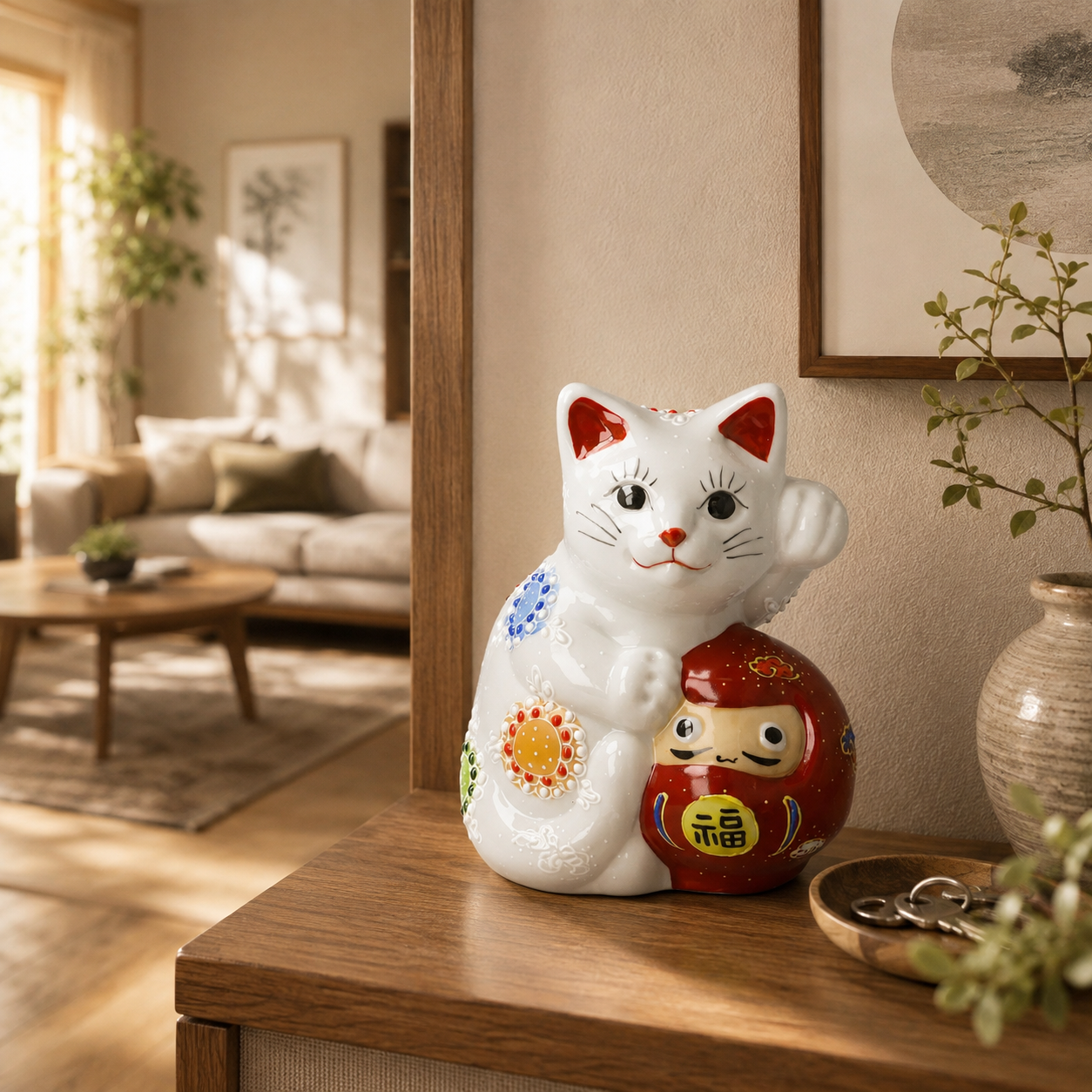 KUTANI WARE LUCKY CAT(DARUMA MANEKI-NEKO) SHIRO MORI