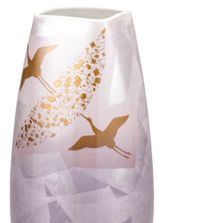 KUTANI WARE FLOWER VASE “SILVER FLIGHT” – JAPANESE PORCELAIN WITH SILVER GLAZE, WOODEN GIFT BOX