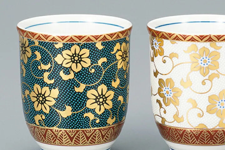 KUTANI WARE YUNOMI SET TEACUP CLEMATIS ARABESQUE