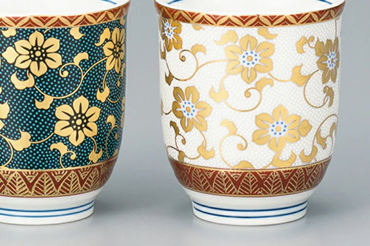 KUTANI WARE YUNOMI SET TEACUP CLEMATIS ARABESQUE