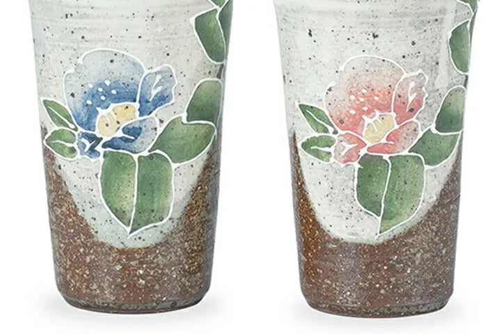 JAPANESE KUTANI WARE PAIR FREE CUPS – “MORITSUBAKI” CAMELLIA DESIGN BY SHIHO AIKAWA