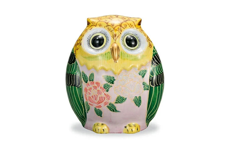 KUTANI WARE OWL FIGURINE RAISED YELLOW PEONY DECORATION