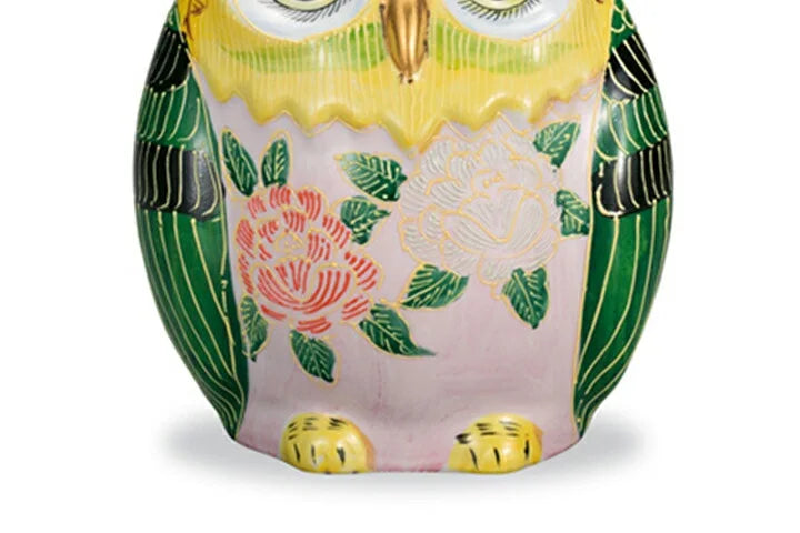 KUTANI WARE OWL FIGURINE RAISED YELLOW PEONY DECORATION