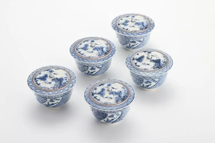 JAPANESE KUTANI WARE [IMPERIAL HOUSEHOLD PURVEYOR KILN] LIDDED TEA CUP SET – SHONZUI STYLE BY CHOZA YAMAMOTO