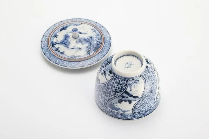 JAPANESE KUTANI WARE [IMPERIAL HOUSEHOLD PURVEYOR KILN] LIDDED TEA CUP SET – SHONZUI STYLE BY CHOZA YAMAMOTO