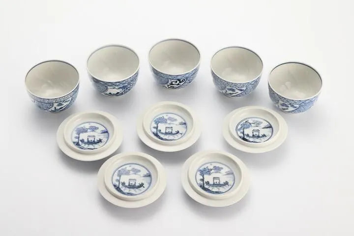 JAPANESE KUTANI WARE [IMPERIAL HOUSEHOLD PURVEYOR KILN] LIDDED TEA CUP SET – SHONZUI STYLE BY CHOZA YAMAMOTO