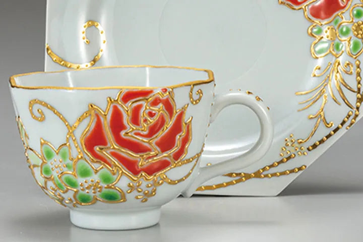 JAPANESE KUTANI CUP & SAUCER – HAND-PAINTED ROSE MOTIF BY ARTIST SHIHO AIKAWA