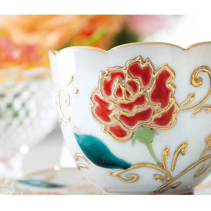 JAPANESE KUTANI CUP & SAUCER – HAND-PAINTED ROSE MOTIF BY ARTIST SHIHO AIKAWA