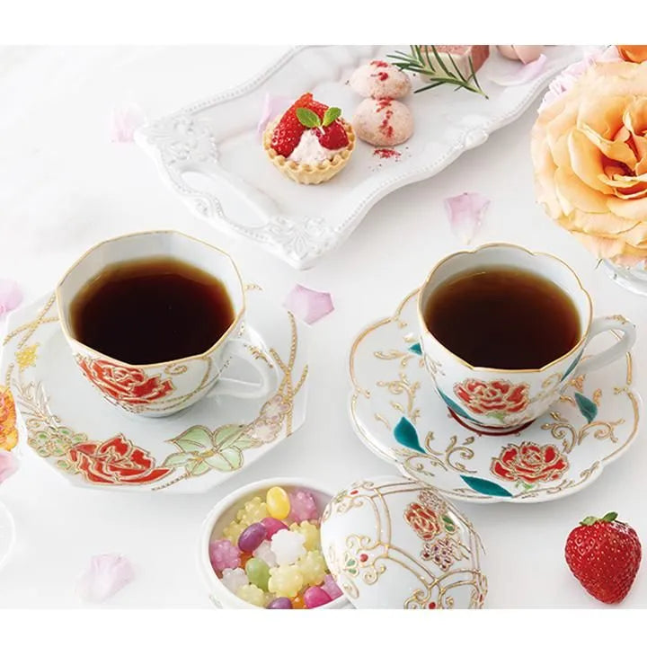 JAPANESE KUTANI CUP & SAUCER – HAND-PAINTED ROSE MOTIF BY ARTIST SHIHO AIKAWA