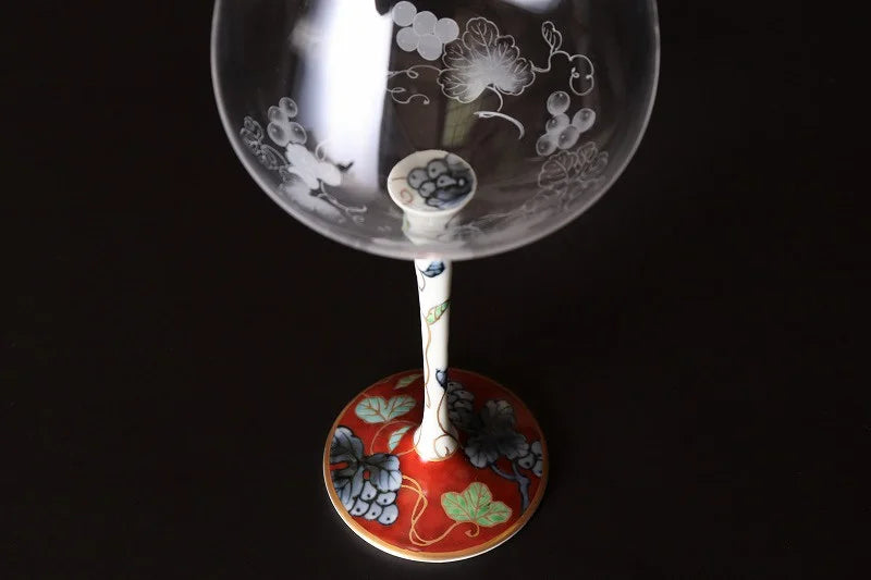 ARITA WARE TOYO CERAMICS RED GRAPE HIGH LEG WINE GLASS