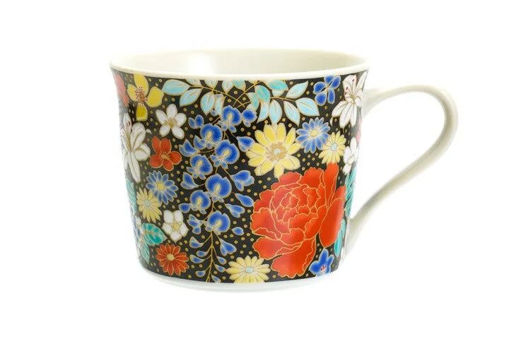 KUTANI WARE MUG – HAND-PAINTED ‘HANAZUME’ FLORAL PATTERN (BLACK) BY SEIKO KILN
