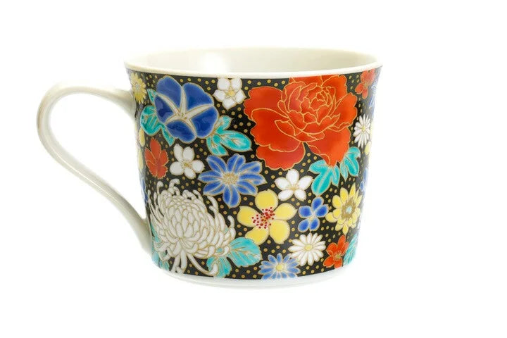 KUTANI WARE MUG – HAND-PAINTED ‘HANAZUME’ FLORAL PATTERN (BLACK) BY SEIKO KILN