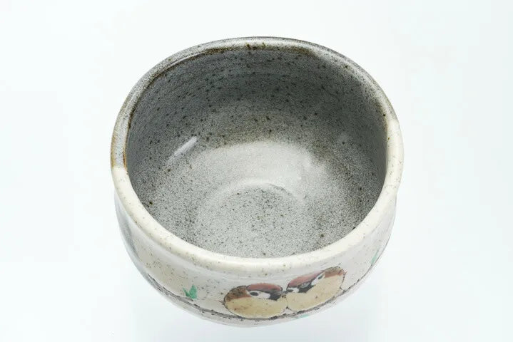 KUTANI WARE MATCHA BOWL “TWO SPARROWS” HAND-PAINTED BY TOSHITO NAKAMURA WITH ORIGINAL WOODEN BOX