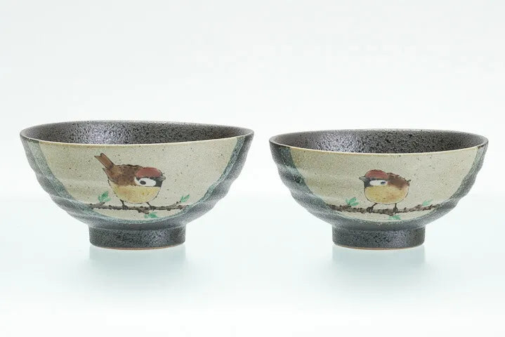 KUTANI WARE SET OF RICE BOWLS LUCKY SPARROWS