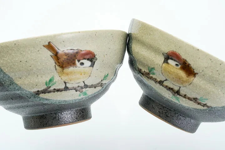 KUTANI WARE SET OF RICE BOWLS LUCKY SPARROWS