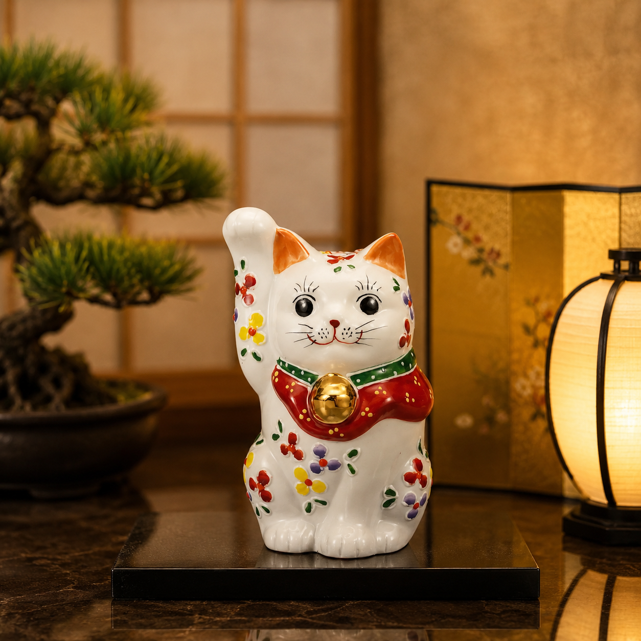 KUTANI WARE LUCKY CAT(MANEKI NEKO) DELICATE FLOWER DESIGN