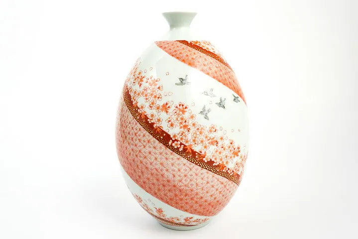 <LIMITED EDITION> KUTANI WARE 9.5-INCH FLOWER VASE – “SAKURA MAI” (DANCING CHERRY BLOSSOMS) BY BUZAN FUKUSHIMA