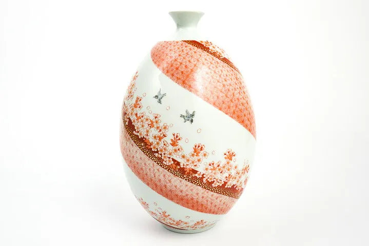 <LIMITED EDITION> KUTANI WARE 9.5-INCH FLOWER VASE – “SAKURA MAI” (DANCING CHERRY BLOSSOMS) BY BUZAN FUKUSHIMA