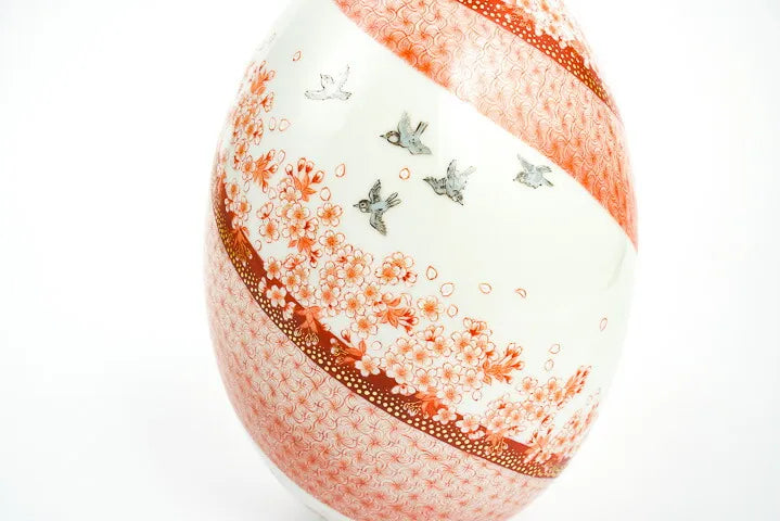 <LIMITED EDITION> KUTANI WARE 9.5-INCH FLOWER VASE – “SAKURA MAI” (DANCING CHERRY BLOSSOMS) BY BUZAN FUKUSHIMA