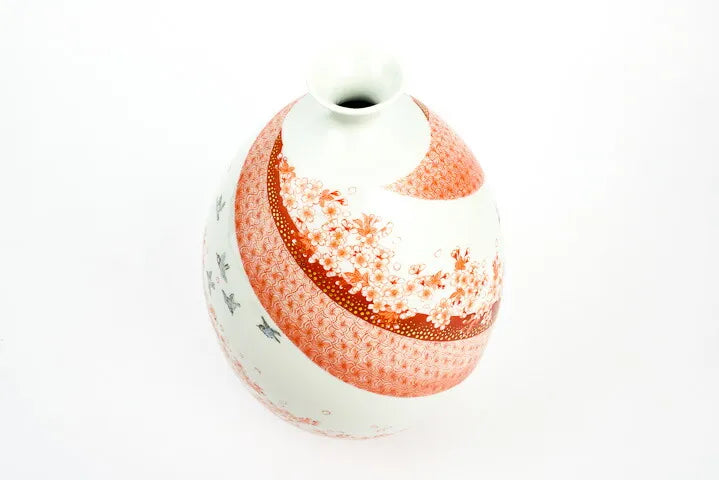 <LIMITED EDITION> KUTANI WARE 9.5-INCH FLOWER VASE – “SAKURA MAI” (DANCING CHERRY BLOSSOMS) BY BUZAN FUKUSHIMA