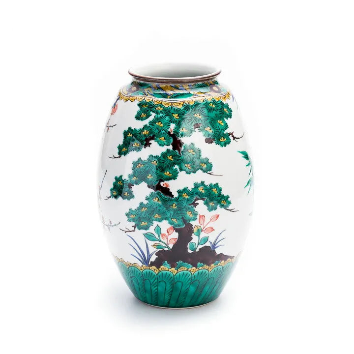 KUTANI WARE JAPANESE DECORATIVE VASE "SHOCHIKUBAI (PINE, BAMBOO AND PLUM)" / TAMEKICHI MITSUI