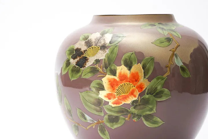 JAPANESE FLOWER VASE KUTANI CAMELLIA IN GOLD LEAF