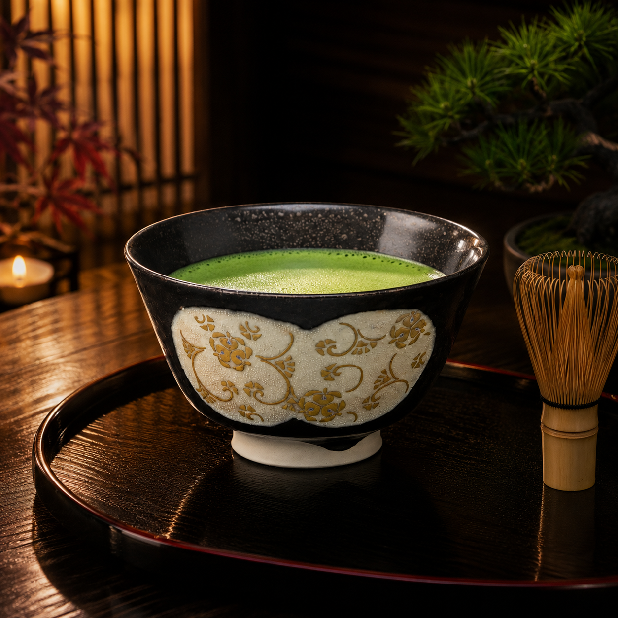 KUTANI WARE MATCHA BOWL “MORIKIN MITSUFUJI KARAKUSAMON SHIROCHIBU” / KINGYOKU NAKATA