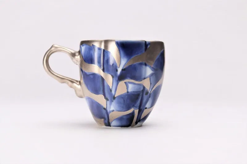 ARITA WARE GOURD-SHAPED COFFEE CUP & SAUCER “SOMENISHIKI GINSAI LEAF