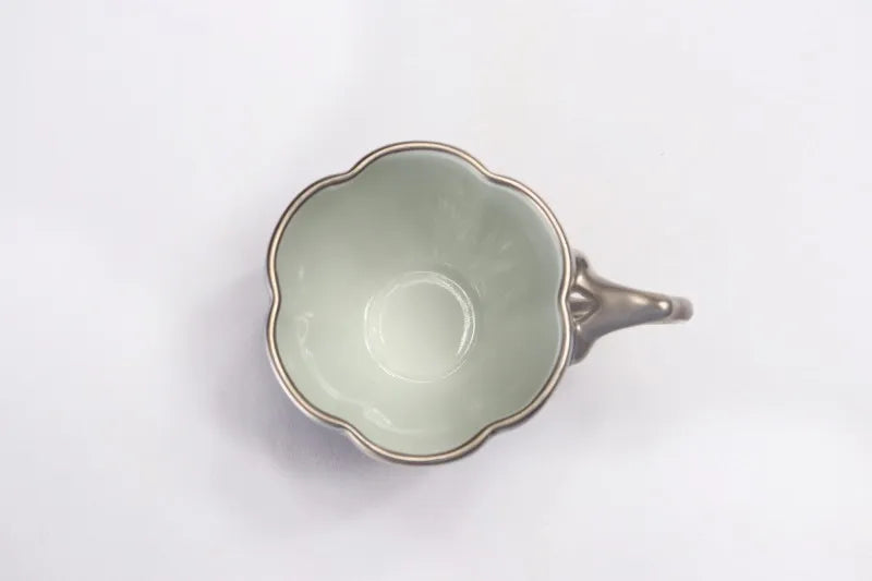 ARITA WARE GOURD-SHAPED COFFEE CUP & SAUCER “SOMENISHIKI GINSAI LEAF