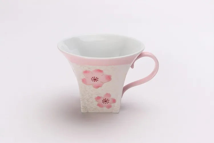 ARITA WARE JAPANESE  COFFEE CUP & SAUCER – PALE PINK GLAZE WITH IRIDESCENT CHERRY BLOSSOM DESIGN / TASEI KILN