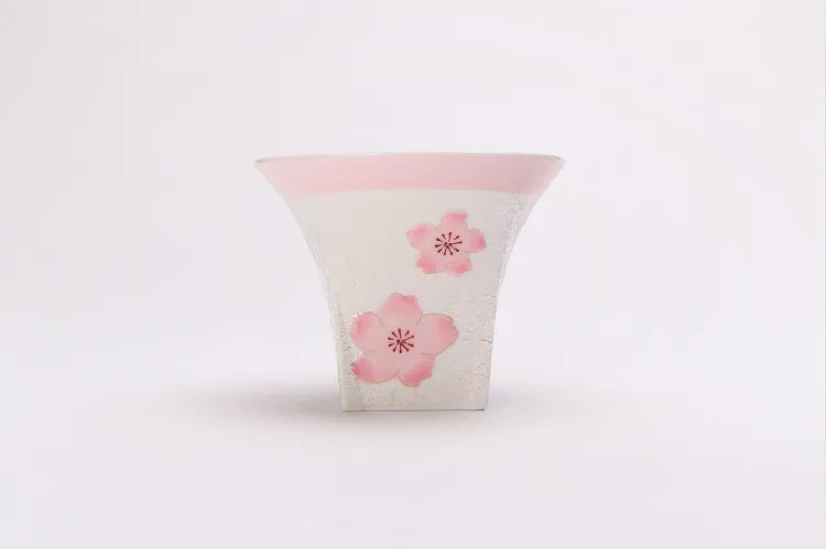 ARITA WARE JAPANESE  COFFEE CUP & SAUCER – PALE PINK GLAZE WITH IRIDESCENT CHERRY BLOSSOM DESIGN / TASEI KILN