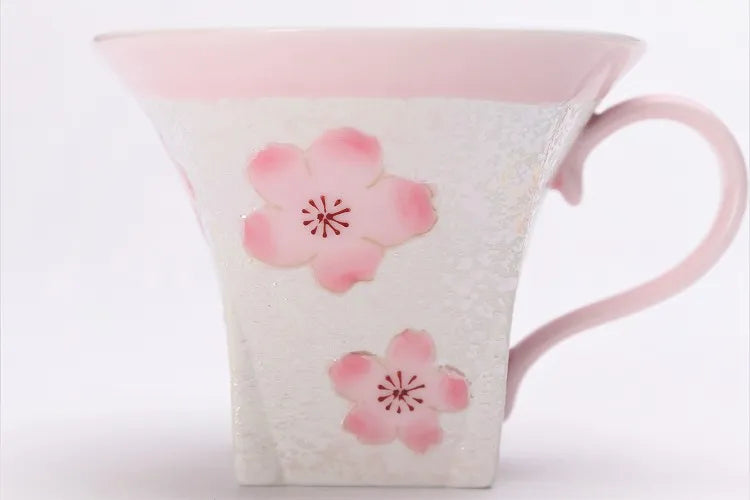 ARITA WARE JAPANESE  COFFEE CUP & SAUCER – PALE PINK GLAZE WITH IRIDESCENT CHERRY BLOSSOM DESIGN / TASEI KILN