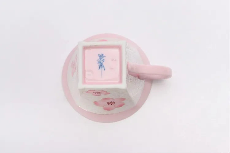 ARITA WARE JAPANESE  COFFEE CUP & SAUCER – PALE PINK GLAZE WITH IRIDESCENT CHERRY BLOSSOM DESIGN / TASEI KILN