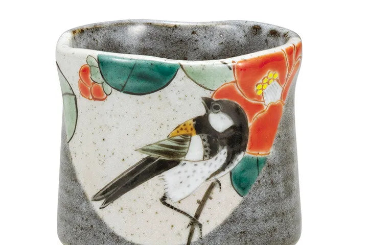 KUTANI WARE YUNOMI TEA CUP “CAMELLIA & JAPANESE TIT” BY YOSHINORI FUKUDA (GIFT BOX)