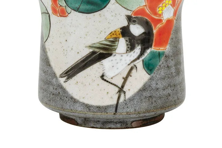 KUTANI WARE YUNOMI TEA CUP “CAMELLIA & JAPANESE TIT” BY YOSHINORI FUKUDA (GIFT BOX)
