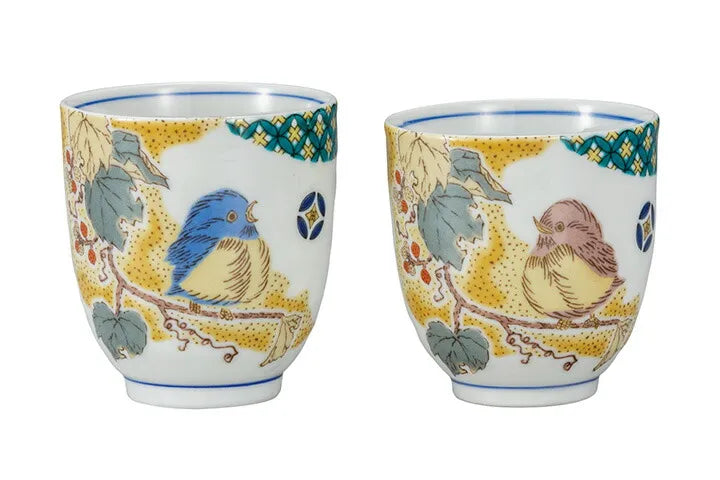 JAPANESE YUNOMI SET KUTANI KOMON YOSHIDAYA SPARROW