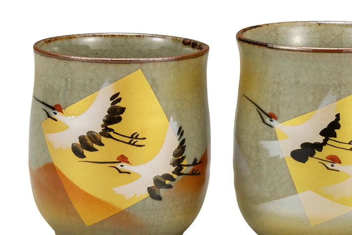 KUTANI JAPANESE YUNOMI SET GOLD LEAF CRANE