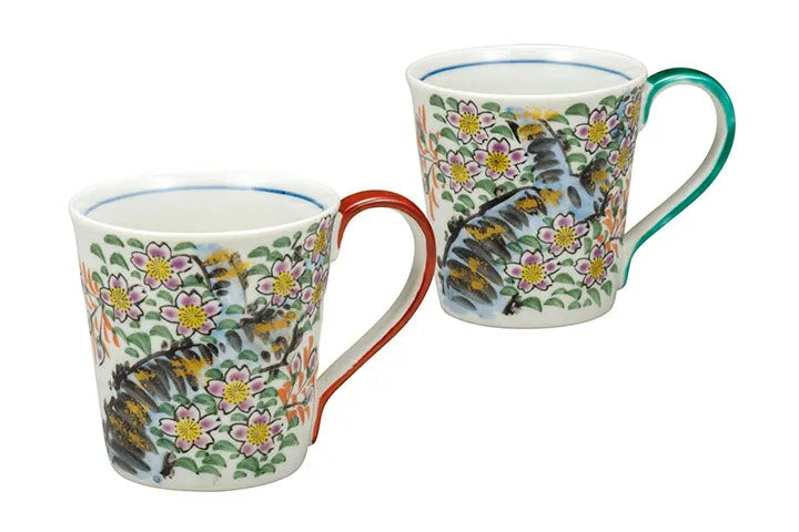KUTANI WARE PAIR MUG CUPS – JAPANESE PORCELAIN MUGS WITH SAKURA (CHERRY BLOSSOM) DESIGN, HAND-PAINTED TRADITIONAL KUTANI