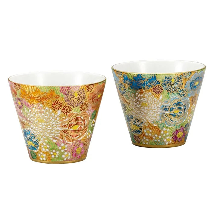 KUTANI WARE PAIR OF SHOCHU CUPS KIN HANAZUME DESIGN